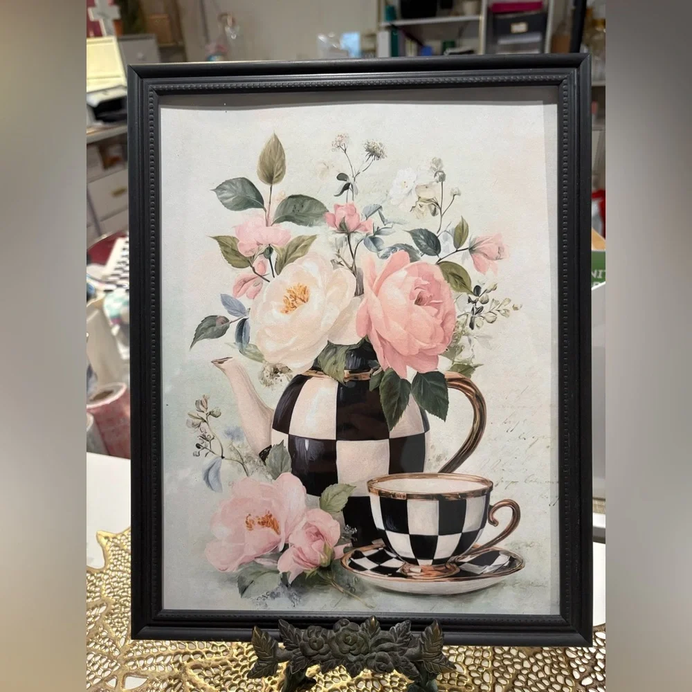 Floral Teapot and Cup Framed 8x10 Art Mackenzie Childs Type - Picture 1 of 1